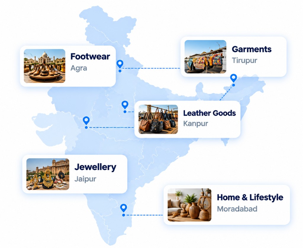 Map of India connecting manufacturing hubs: footwear in Agra, garments in Tiruppur, leather goods in Kanpur, jewellery in Jaipur, and home and lifestyle in Moradabad